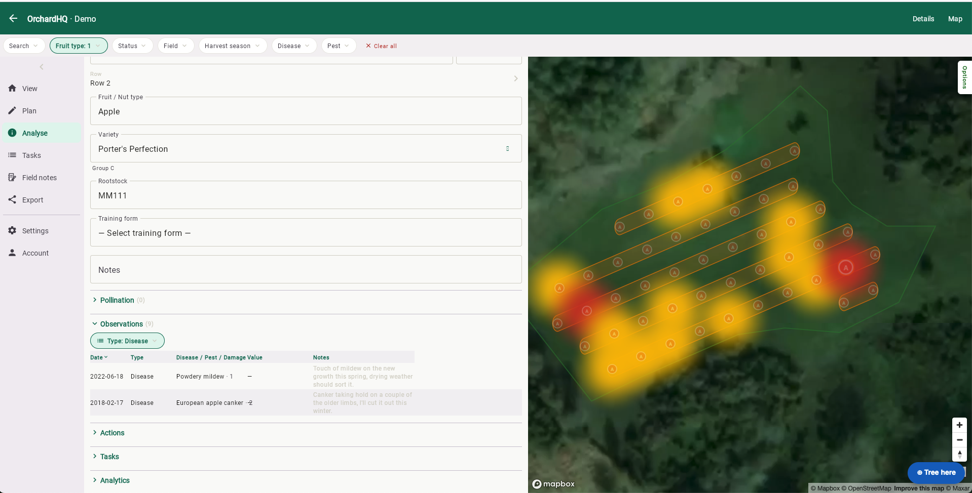 Disease pressure and heatmap — incidence by year and disease, mapped spatially across the orchard