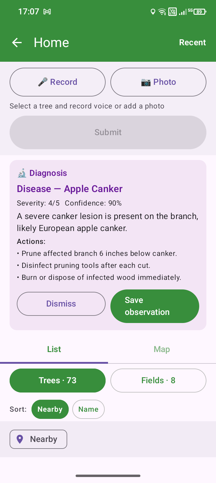 Diagnosis result: European apple canker with severity and confidence