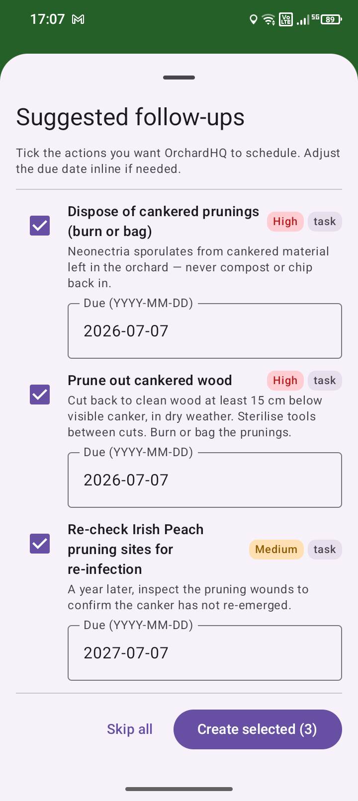 Popup proposing follow-up tasks the diagnosis would create