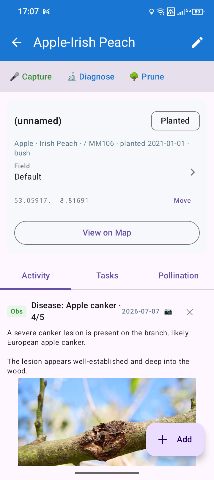 Tree detail timeline showing the saved canker diagnosis and its follow-ups