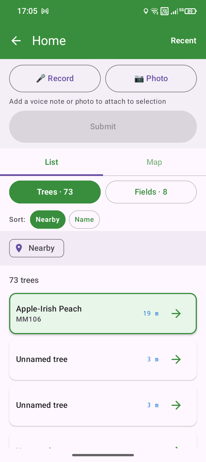 Selecting a tree from the nearby list before diagnosing