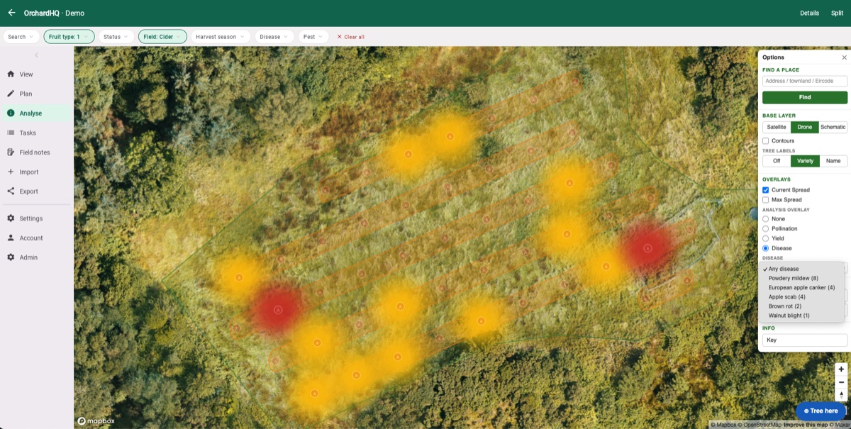 Disease pressure heatmap overlay on the orchard map, showing incidence concentrated in one area