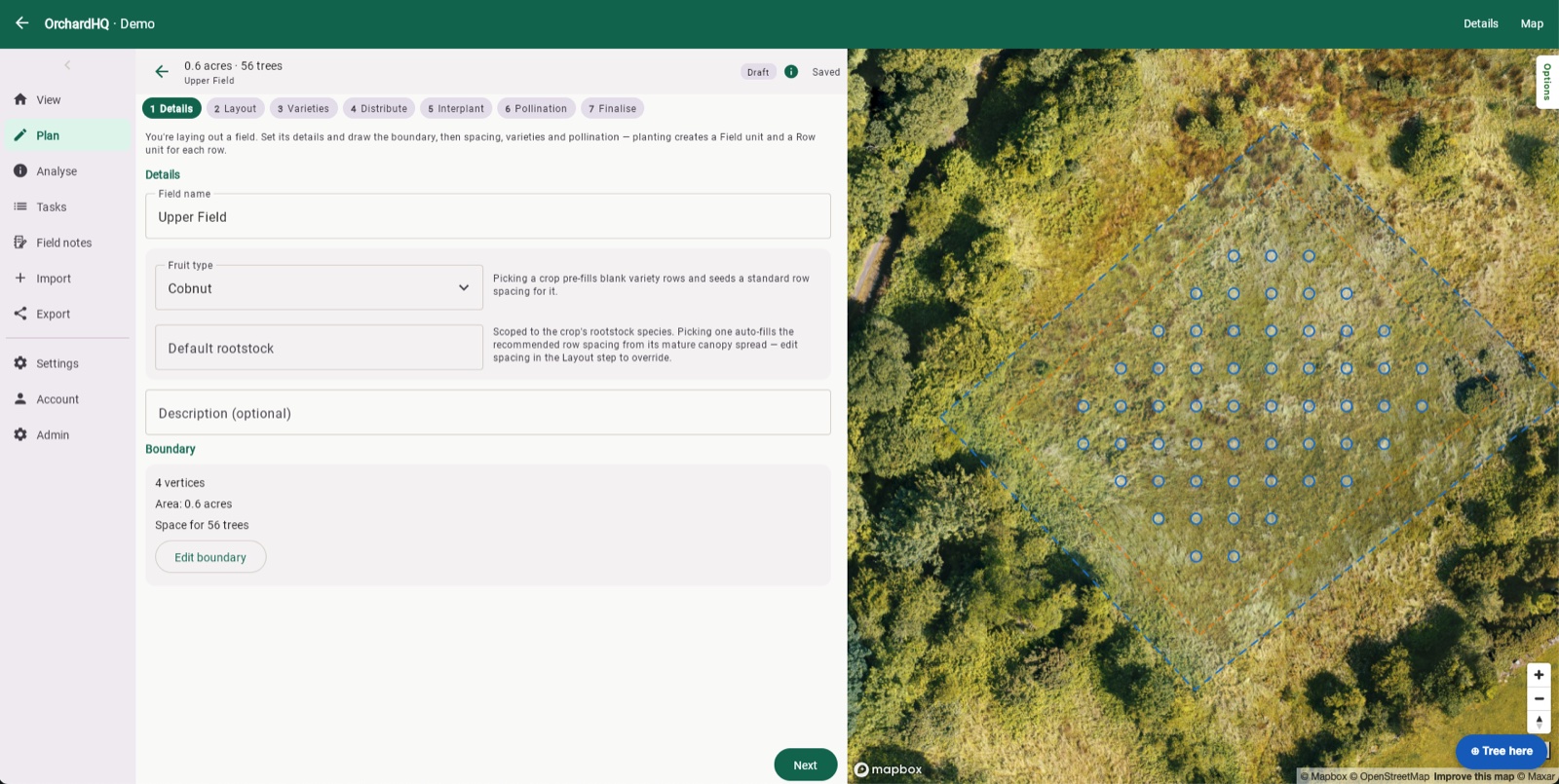 The planner's Details step: field name, fruit type and rootstock, and a drawn boundary with space for 56 trees