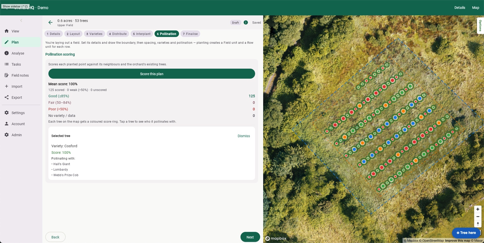 The planner's Pollination step: every tree scored, with a selected tree's score and pollination partners shown