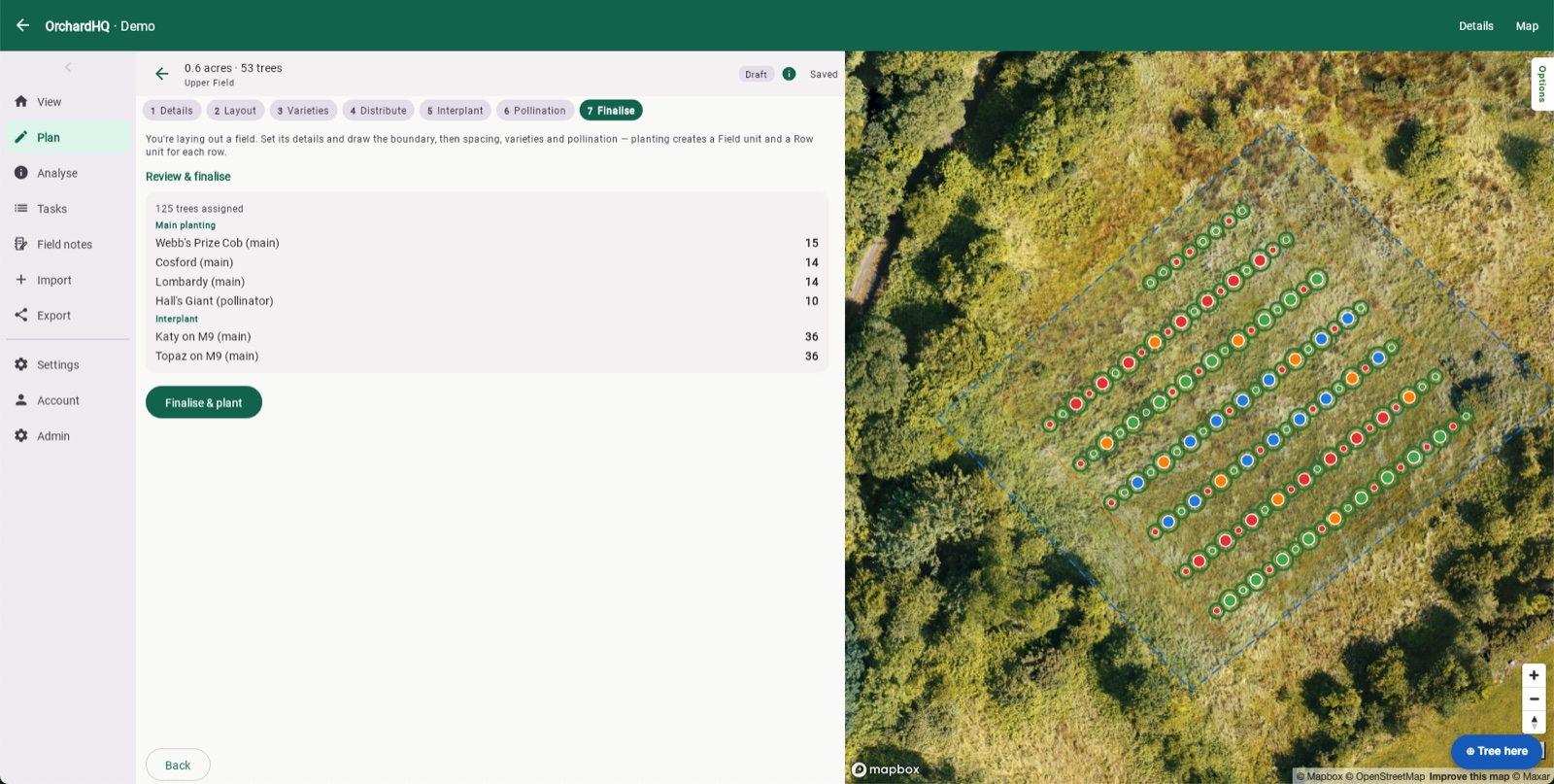 The planner's Finalise step: the full planting list by variety, main planting and interplant, ready to plant