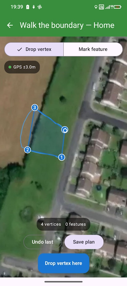 Walking a boundary in the field: live GPS track dropping vertices to build a polygon, GPS accuracy chip at top