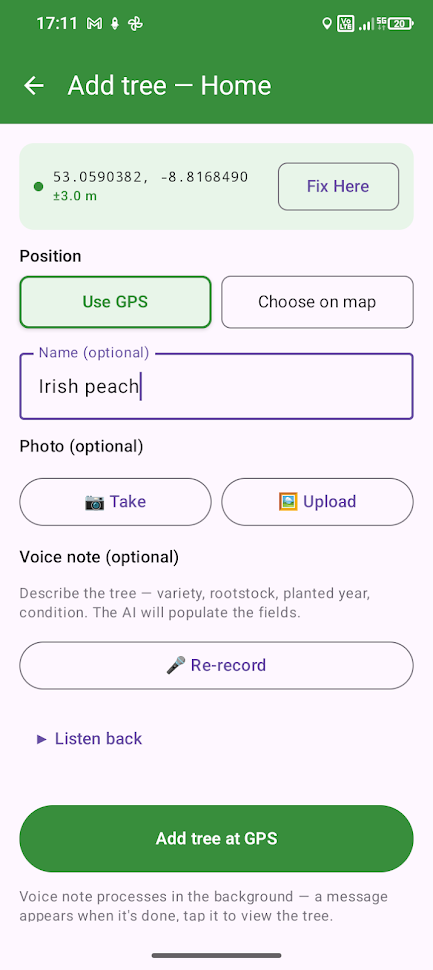 Adding a tree at the current GPS location with a voice note