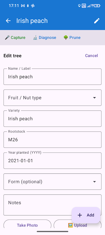 Tree added, with the photo and voice note queued for sync